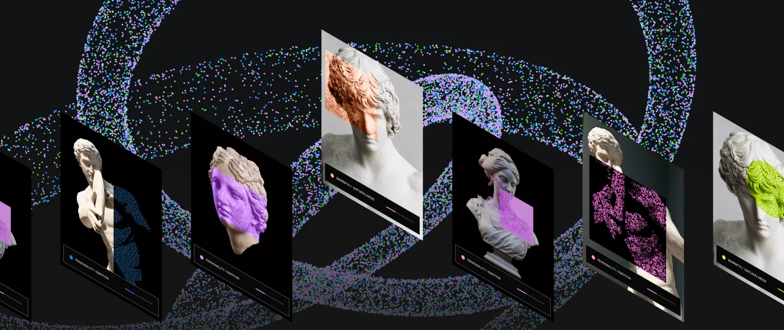 How Gradium chooses new voices. A row of classical marble busts floats through a field of coloured particles, each one tagged with a rating card reading warmth / naturalness or personality / emotion, as we audition and score candidate voices.