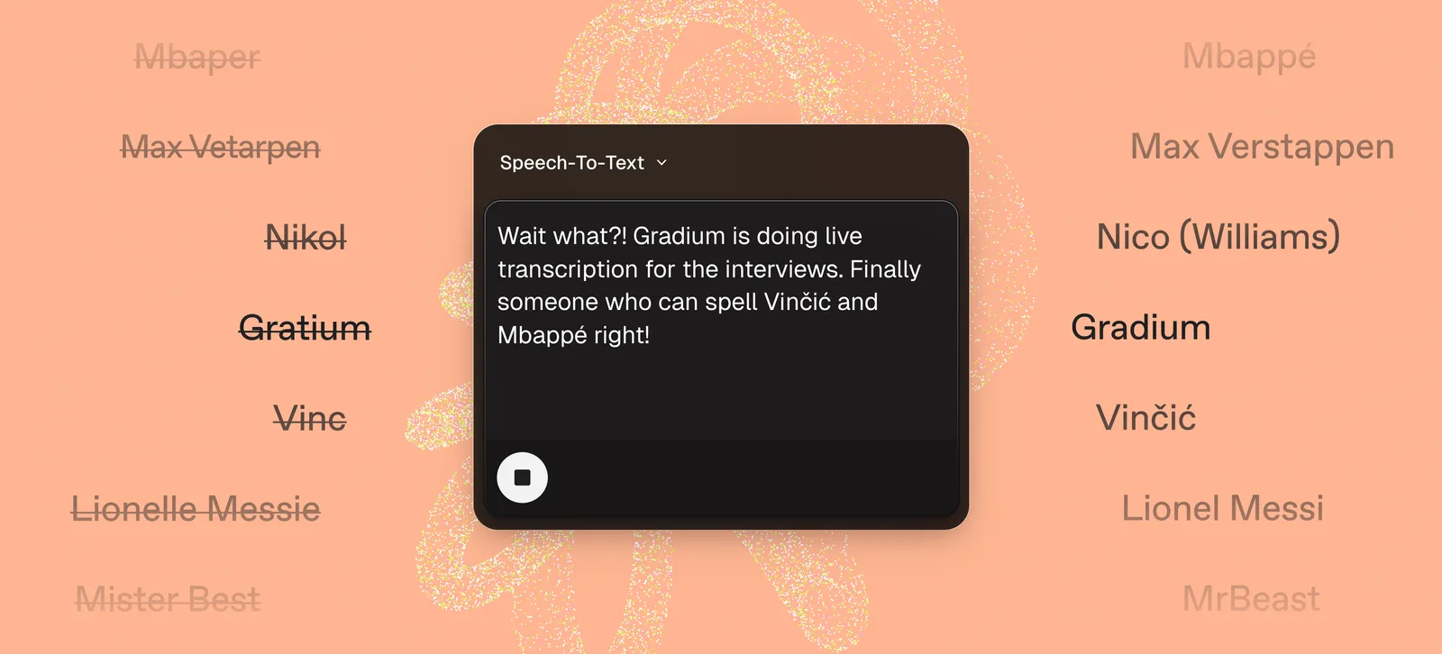 Keyword boosting for Speech-To-Text. A Gradium transcription card reads