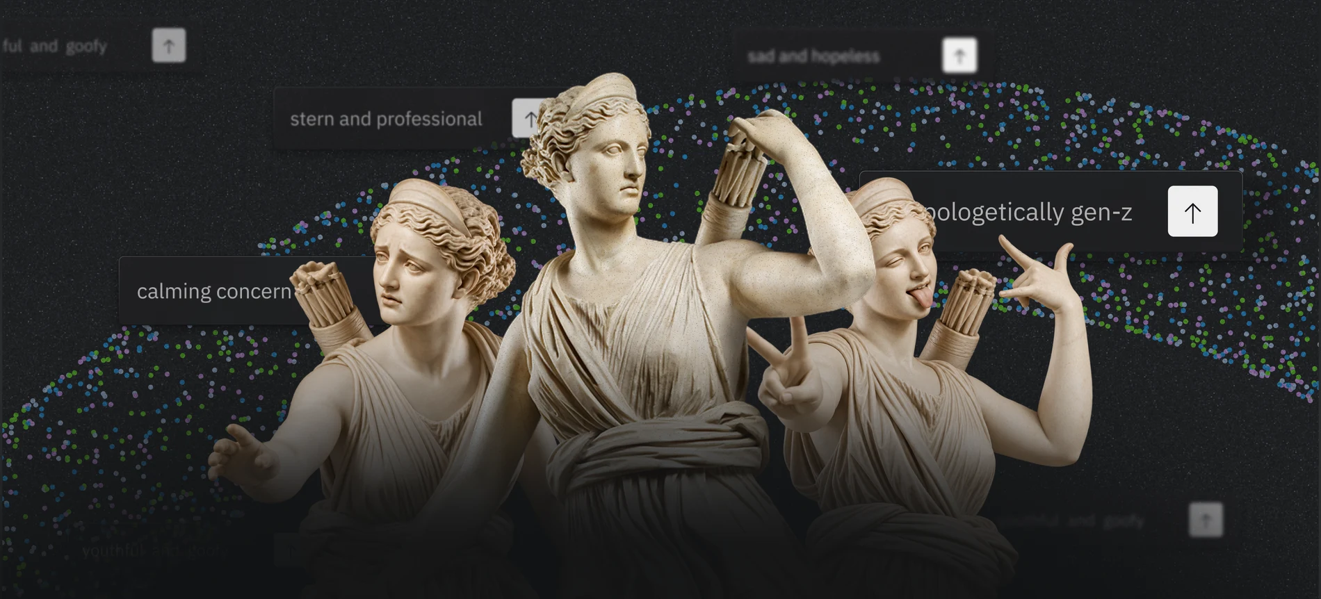 Three classical marble statues against a dark, speckled background, one of them winking and sticking out its tongue, surrounded by floating voice prompt chips reading "stern and professional", "calming concern", "sad and hopeless" and "unapologetically gen-z".